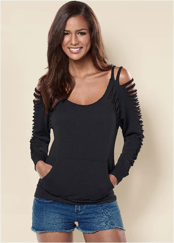 Festival Fashion Slash Detail Sweatshirt - Black