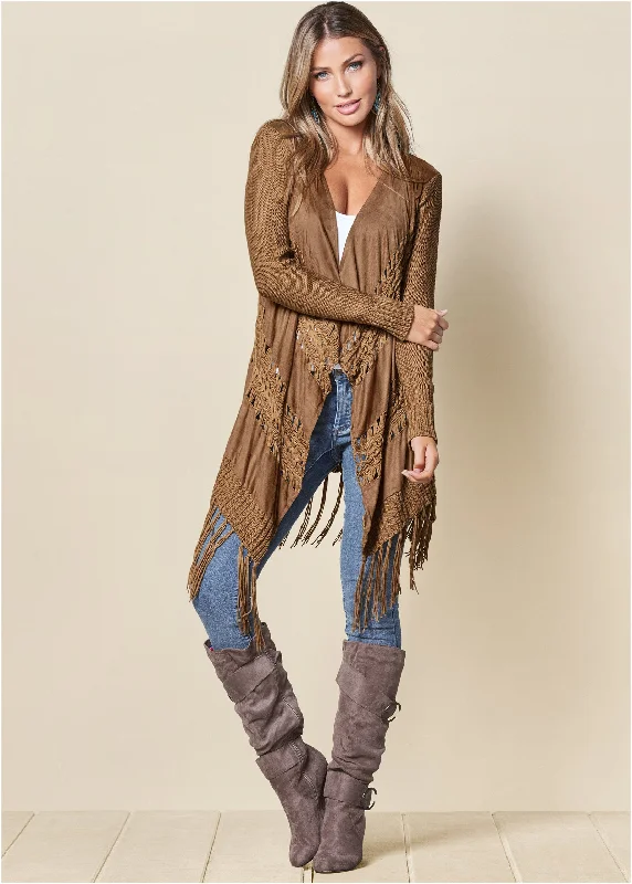 You'Ll Love Us Because Faux-Suede Fringe Cardigan - Brown