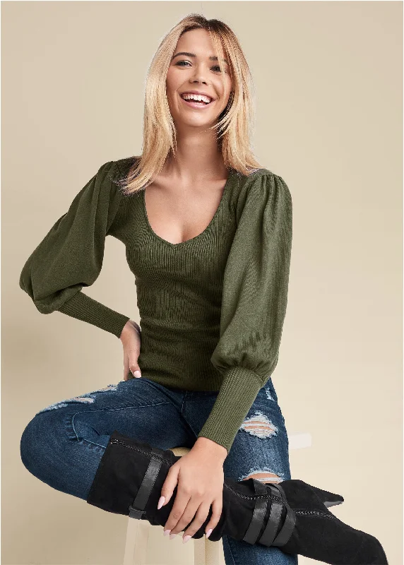 Flash Sale Event Puff Sleeve Sweater - Olive