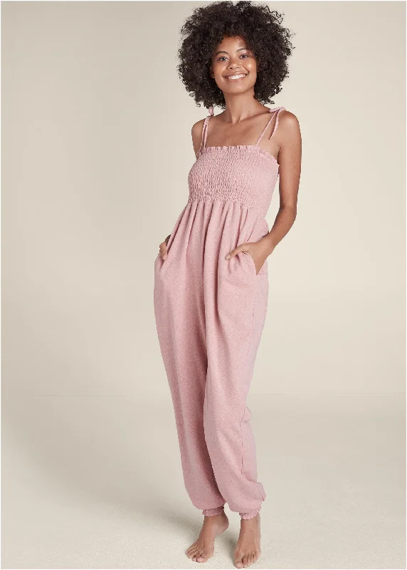 Outfits For Women Smocked Lounge Jumpsuit - Heathered Pink