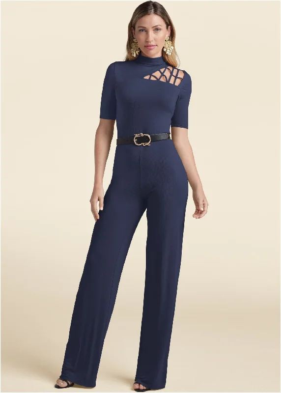 Easygoing Women's Style Strappy Mock-Neck Jumpsuit - Navy