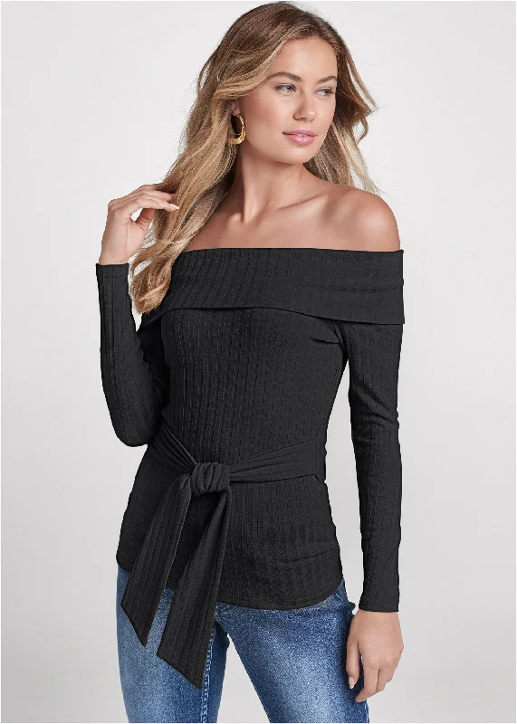 Big Sale Event Ribbed Off-The-Shoulder Top - Black