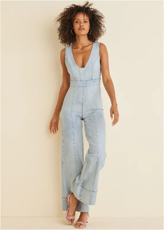 Trendy Street Style Attire Stretch Denim Jumpsuit - Light Wash