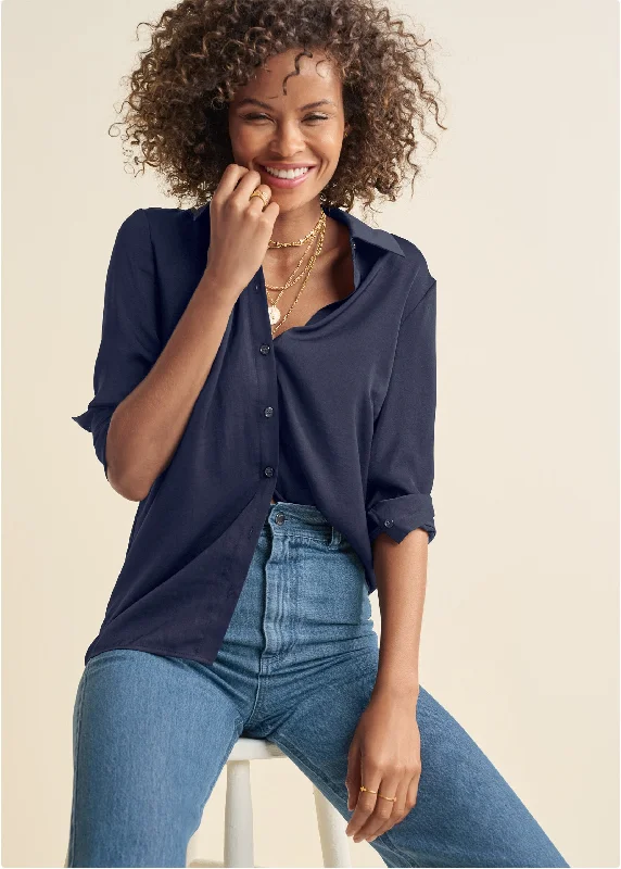 Trendy Street Style Clothing Soft Button-Down Blouse - Navy