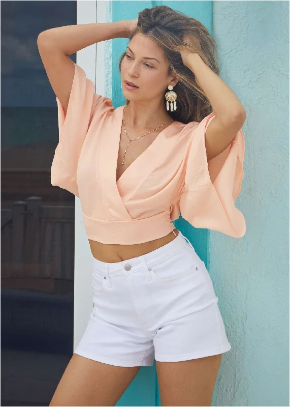 Women's Trendy Outfits Kimono Sleeve Faux Wrap Top - Blush