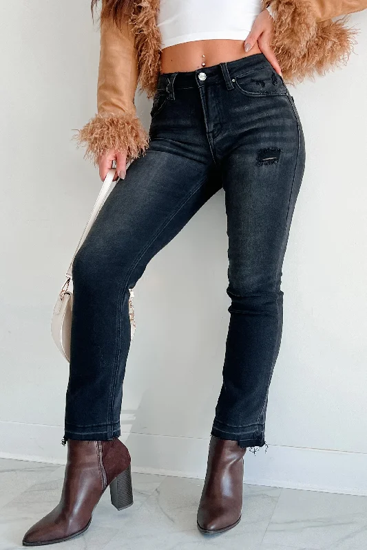 Unbeatable Deals Dawes Mid Rise Uneven Hem Risen Straight Leg Jeans (Black)